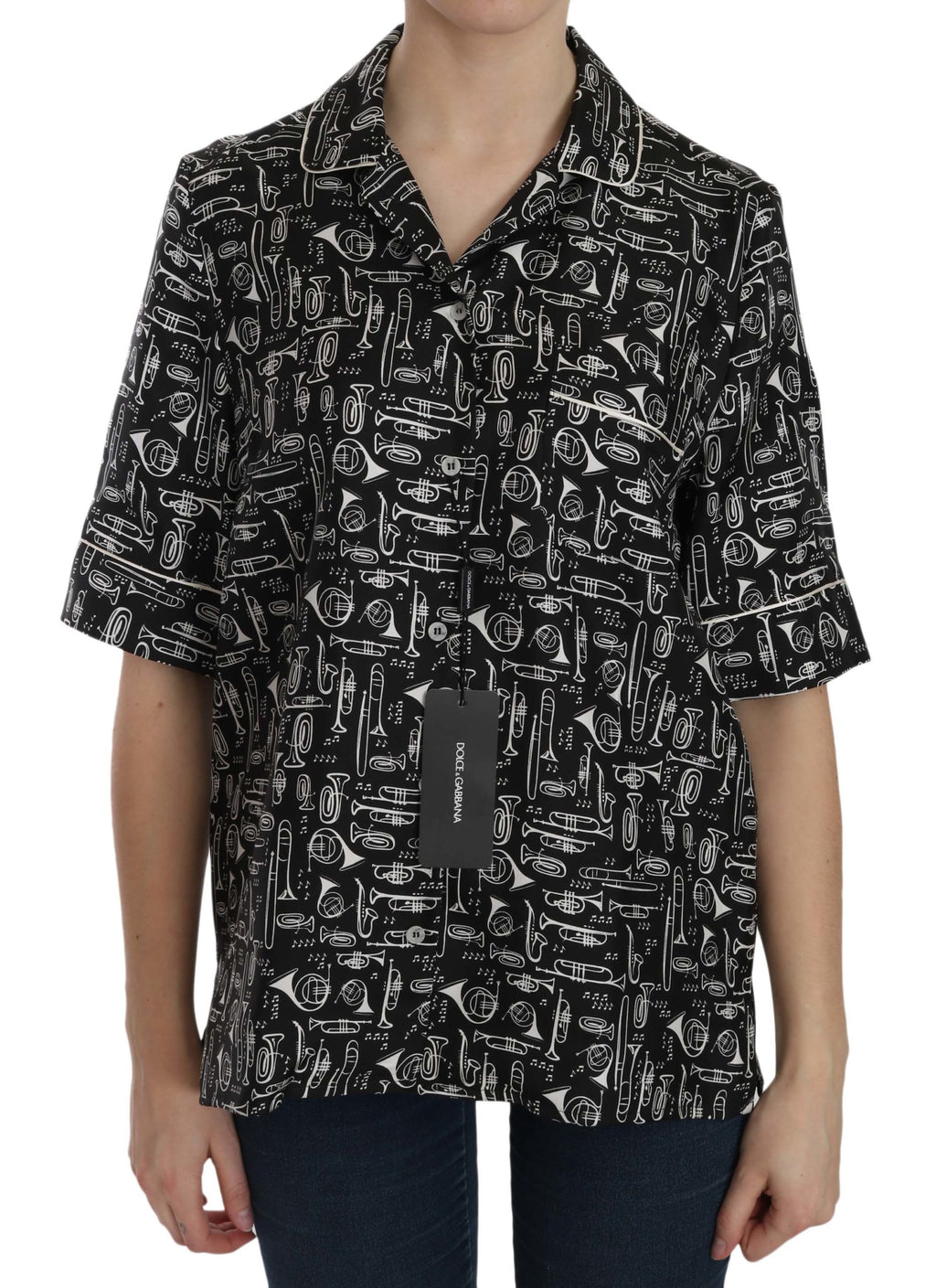 Haut en soie noir Dolce & Gabbana avec impression d'instruments de musique, style élégant et sophistiqué.