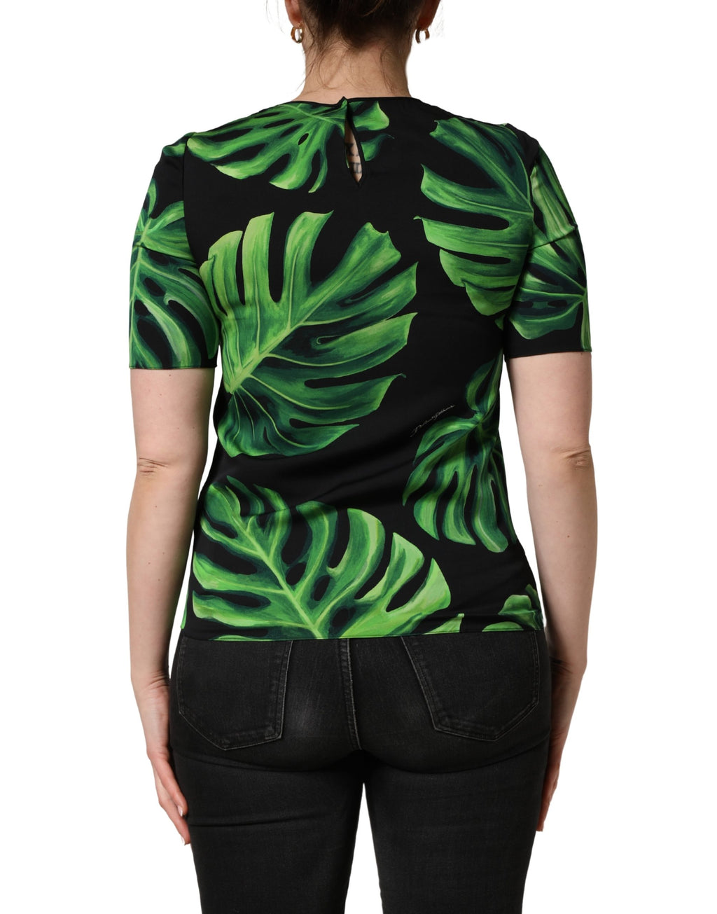 Chemisier en soie noir Dolce & Gabbana avec imprimé philodendron, col boutonné et manches longues.