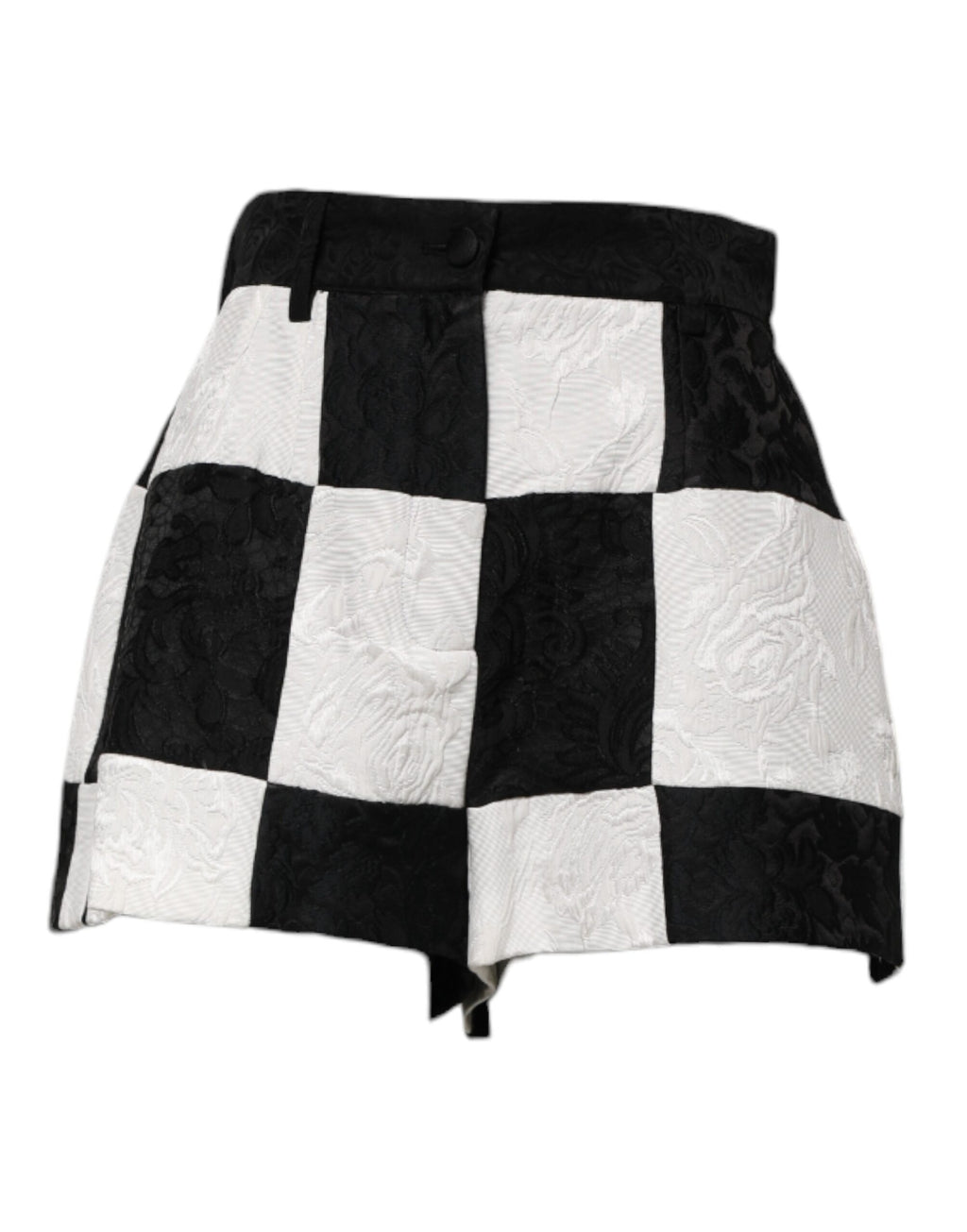 Shorts Dolce & Gabbana en brocart floral noir et blanc, style chaud, avec détails élégants et design tendance.