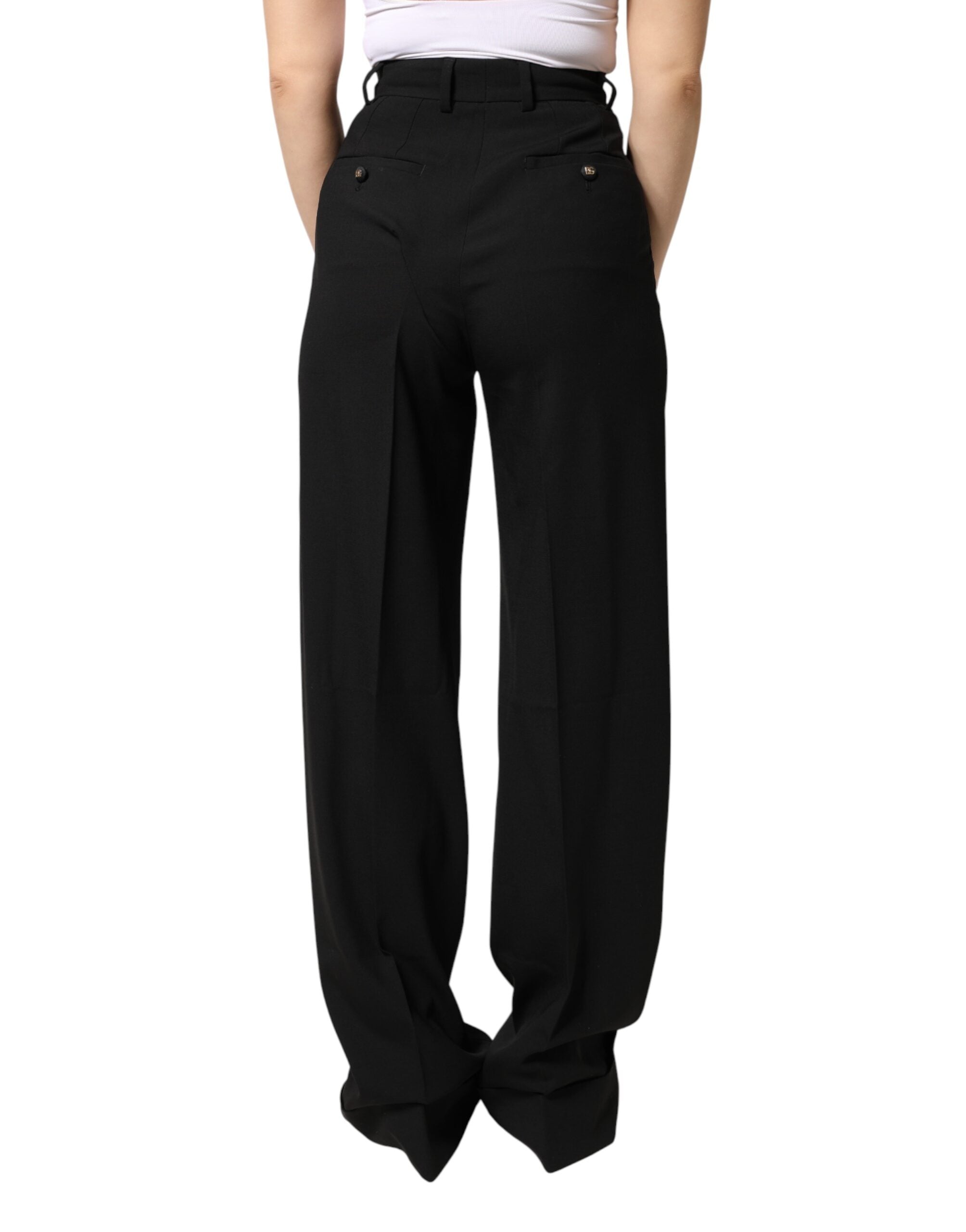 Pantalon femme noir en laine mélangée Dolce & Gabbana, coupe droite taille haute, vue de face sur fond blanc.