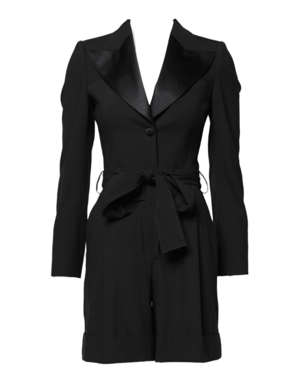 Combinaison noire en laine Dolce & Gabbana pour femmes, vêtement chaud, avec veste ou manteau intégré, porté sur un mannequin.