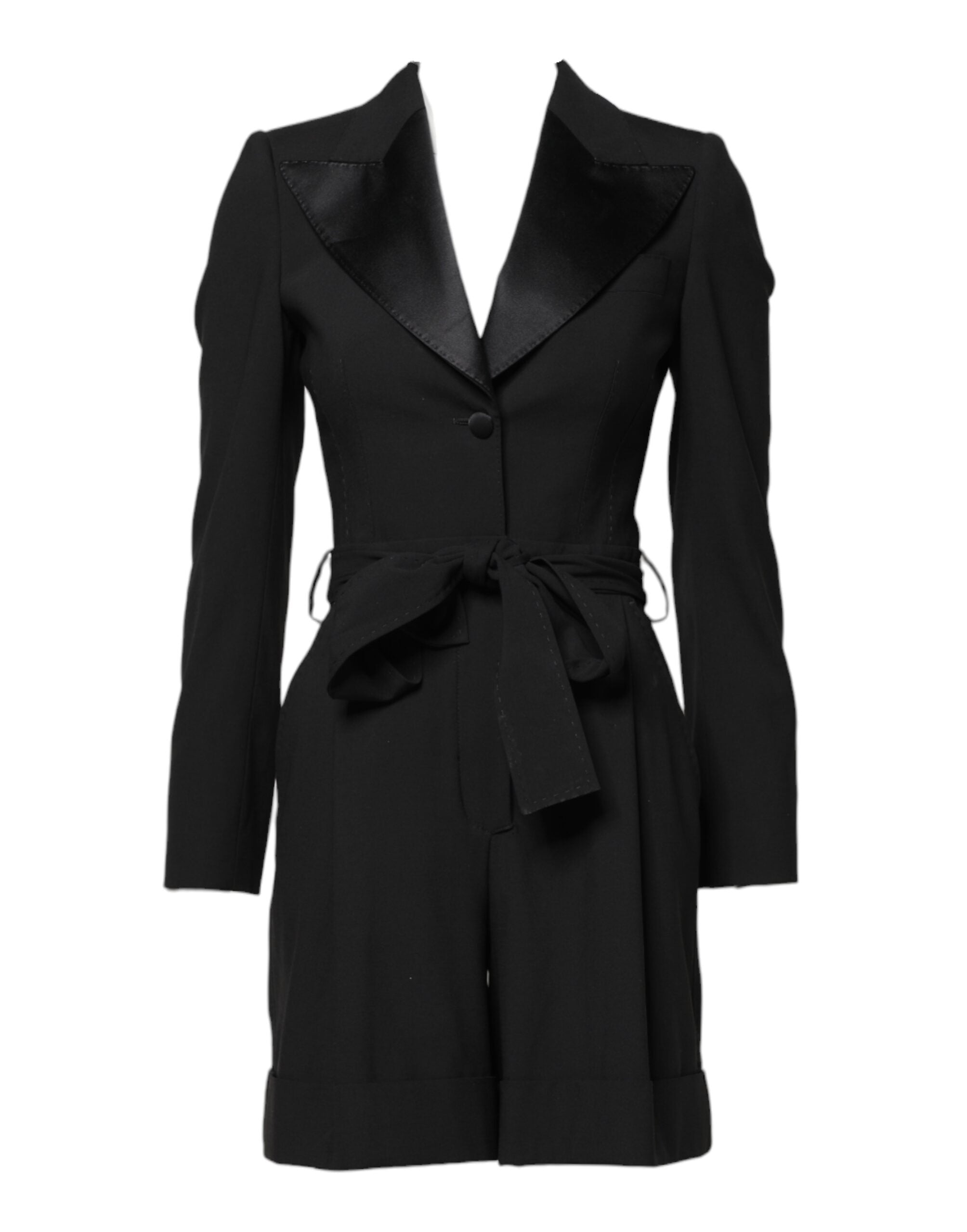Combinaison noire en laine Dolce & Gabbana pour femmes, vêtement chaud, avec veste ou manteau intégré, porté sur un mannequin.