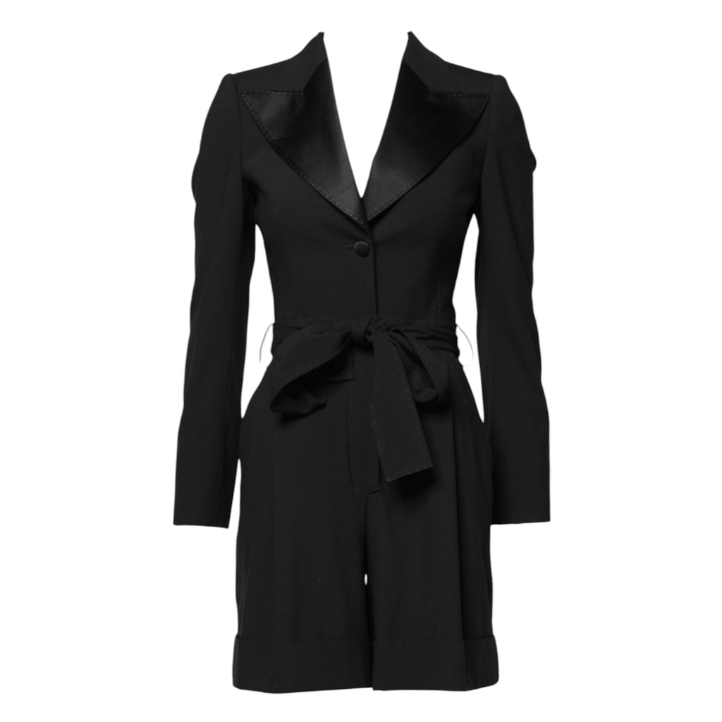 Combinaison en laine noire Dolce & Gabbana pour femmes, avec veste ou manteau élégant, vue de face sur fond neutre.