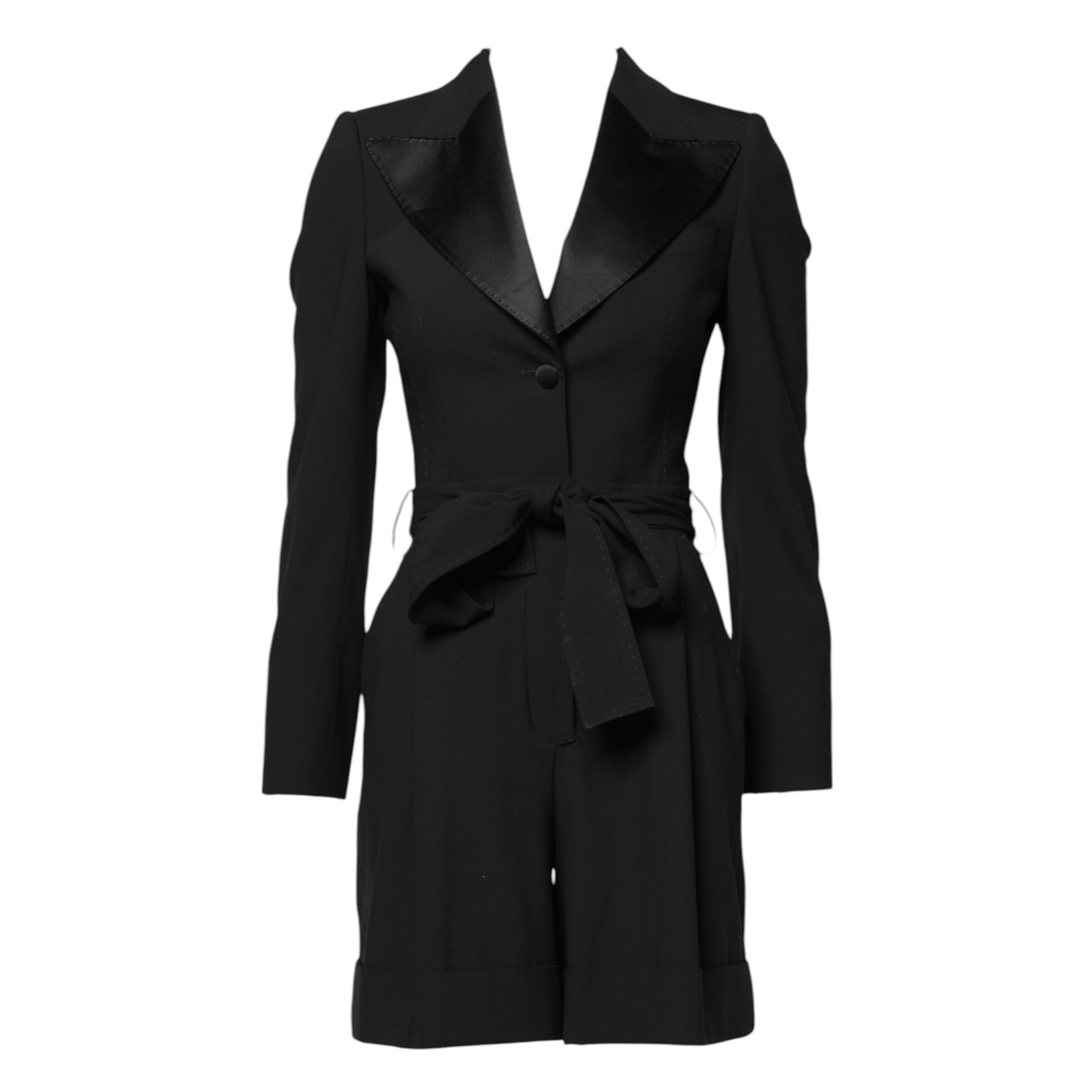 Combinaison en laine noire Dolce & Gabbana pour femmes, avec veste ou manteau élégant, vue de face sur fond neutre.