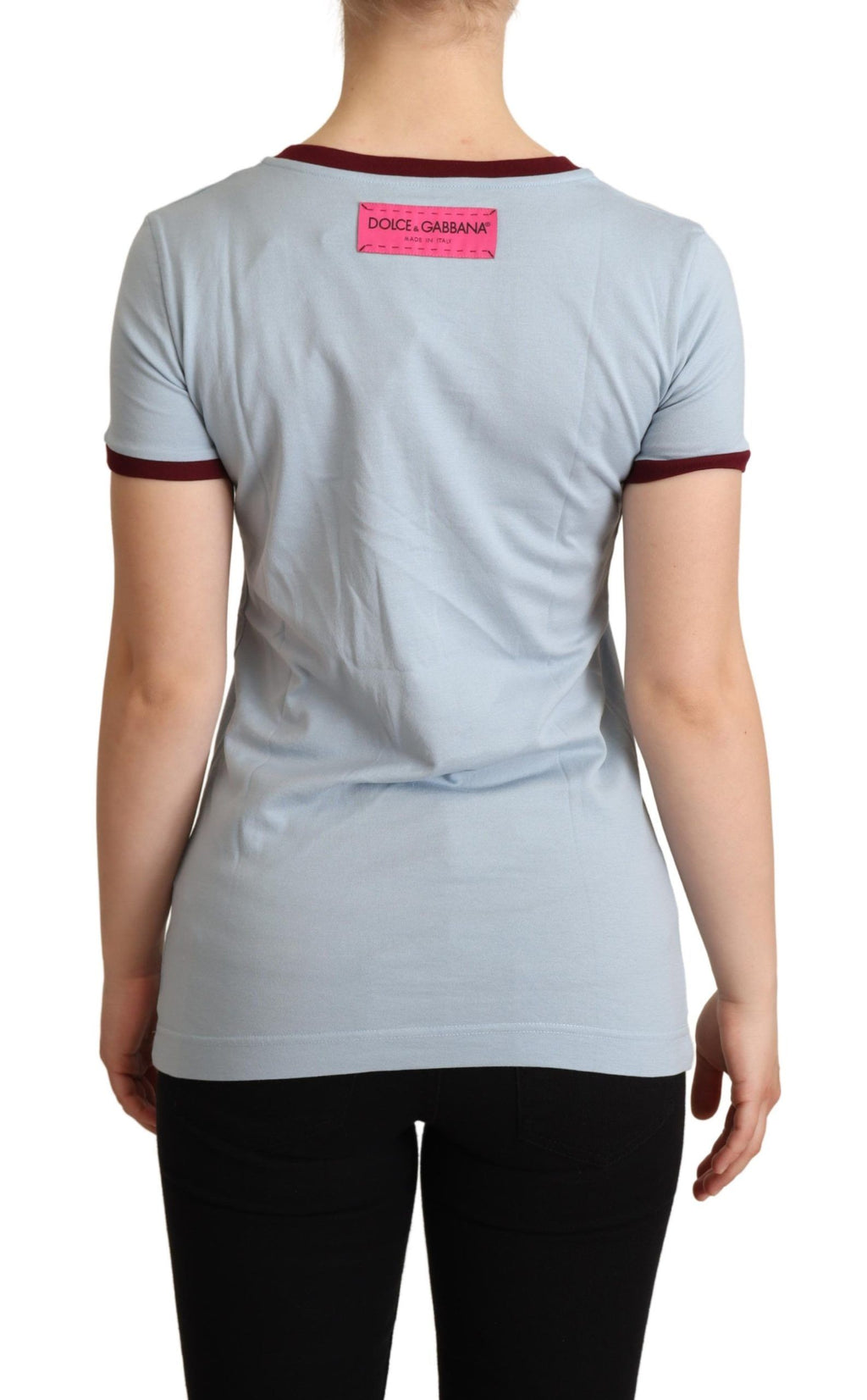 T-shirt bleu Dolce & Gabbana D&G à col rond, vue de face, en coton, avec logo discret sur la poitrine.