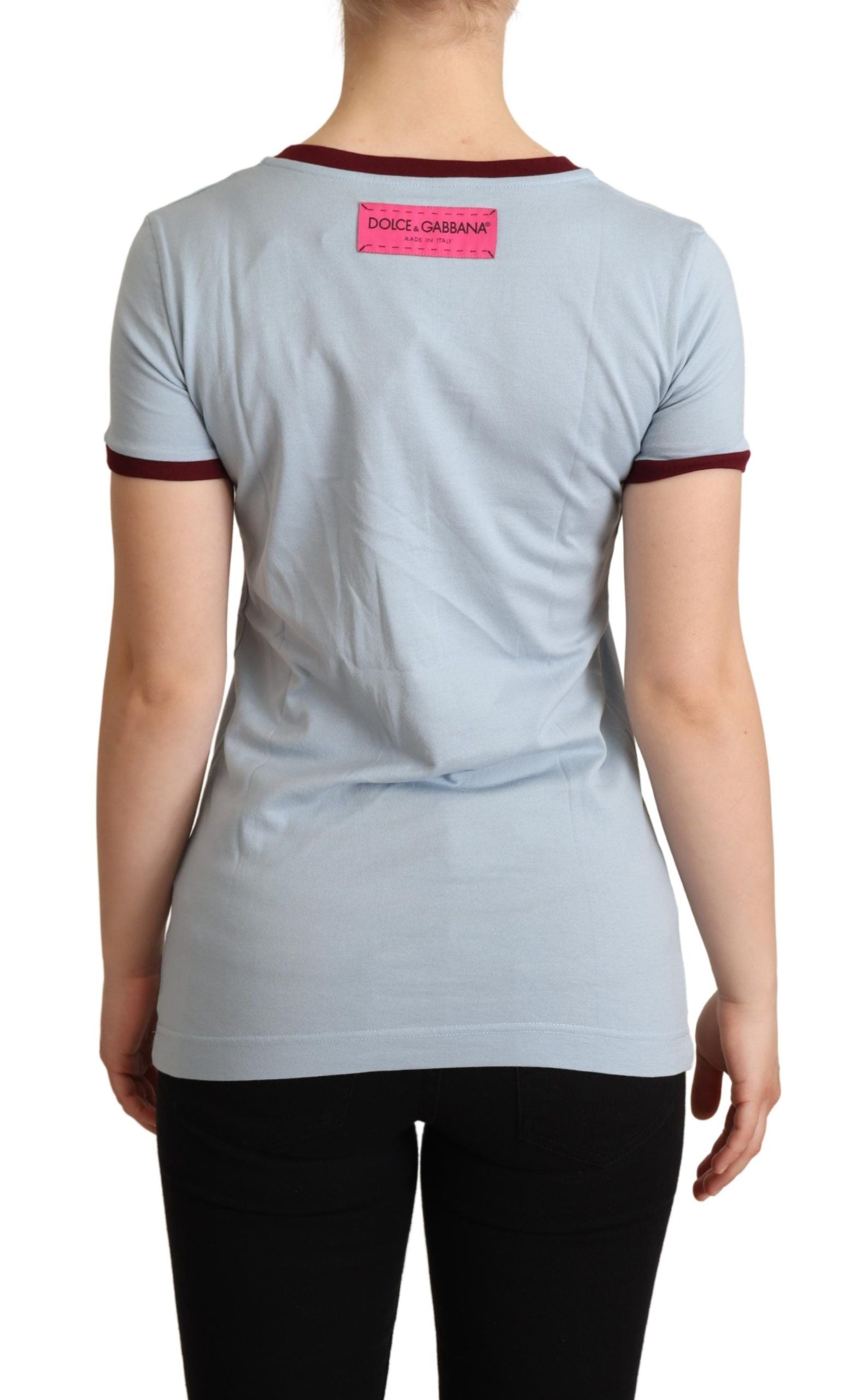 T-shirt bleu Dolce & Gabbana D&G à col rond, vue de face, en coton, avec logo discret sur la poitrine.