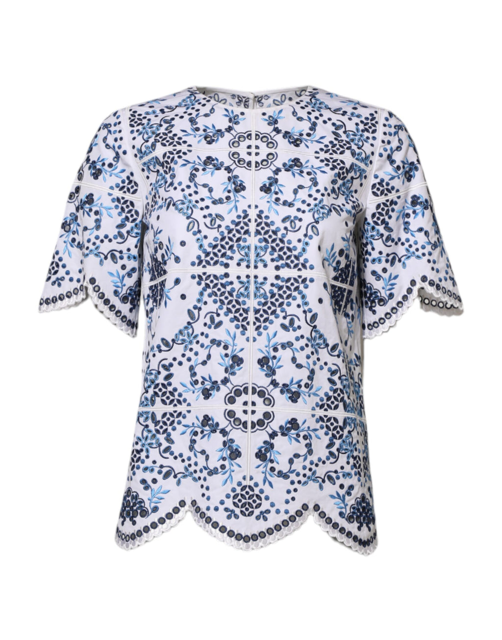 Blouse Dolce & Gabbana en dentelle bleue avec col rond et œillets, vue de face.