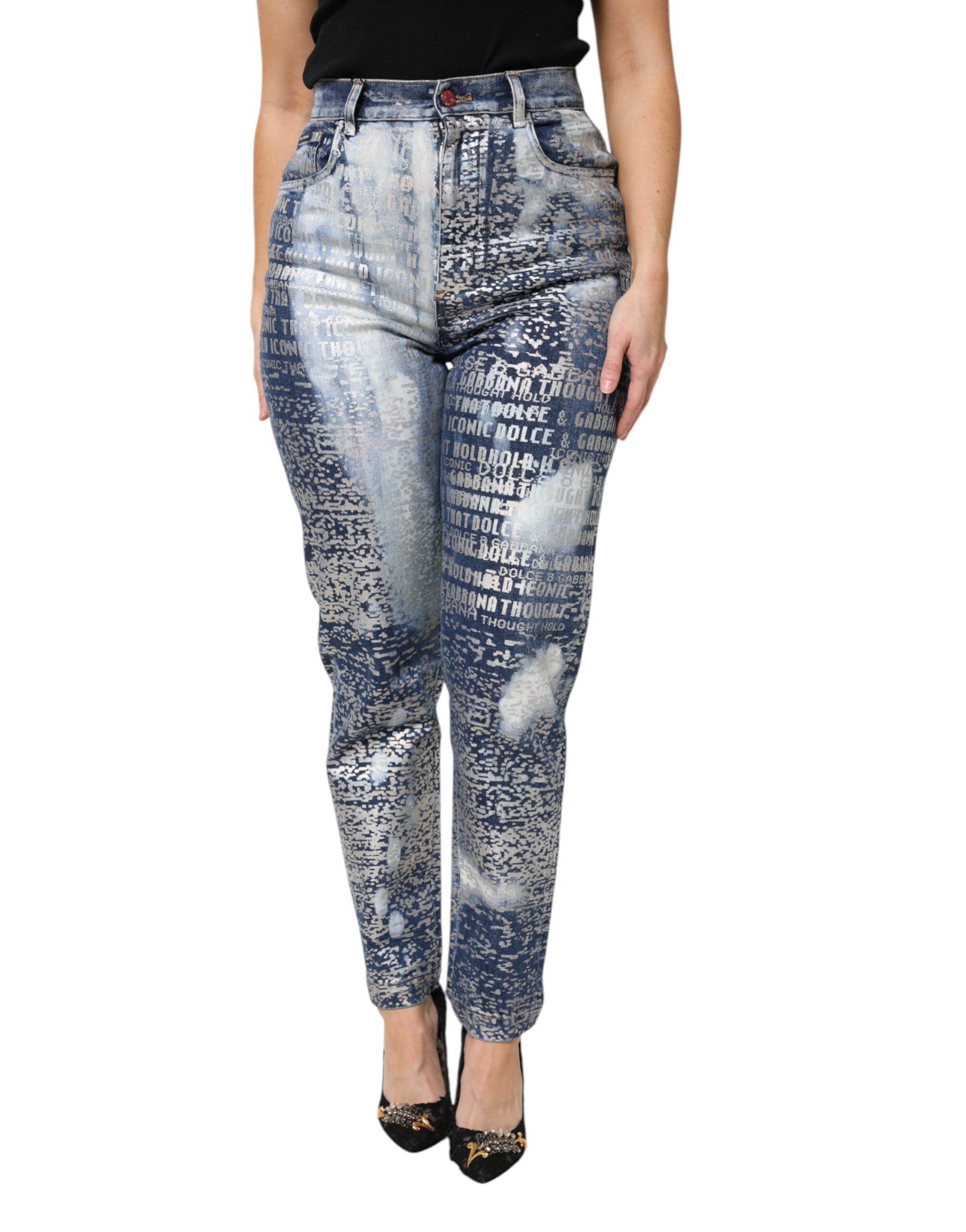 Jeans en denim bleu délavé Dolce & Gabbana à taille haute avec imprimé floral, vue de face.