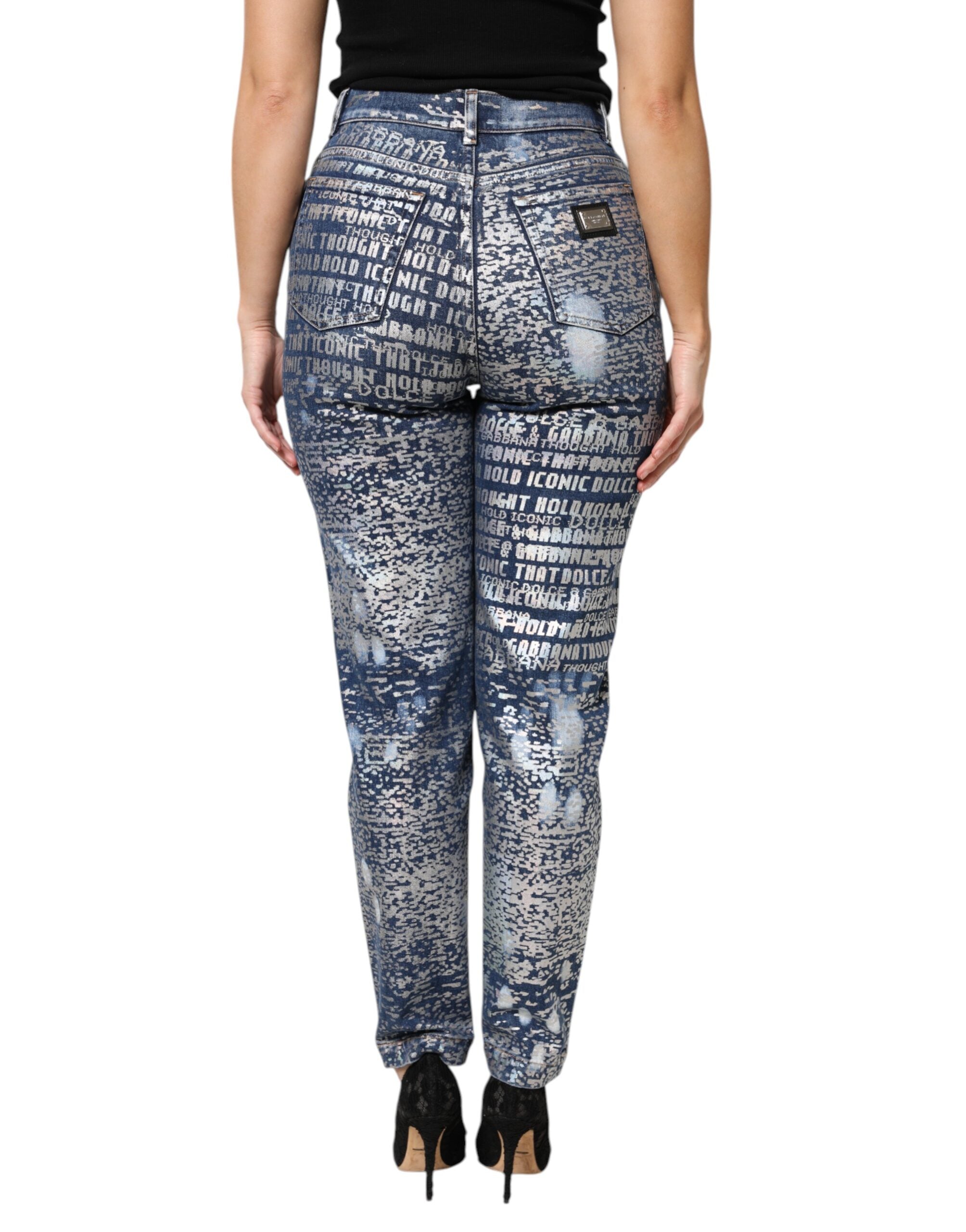Jeans en jean taille haute Dolce & Gabbana à effet délavé bleu avec imprimé floral, visible sur l'image.
