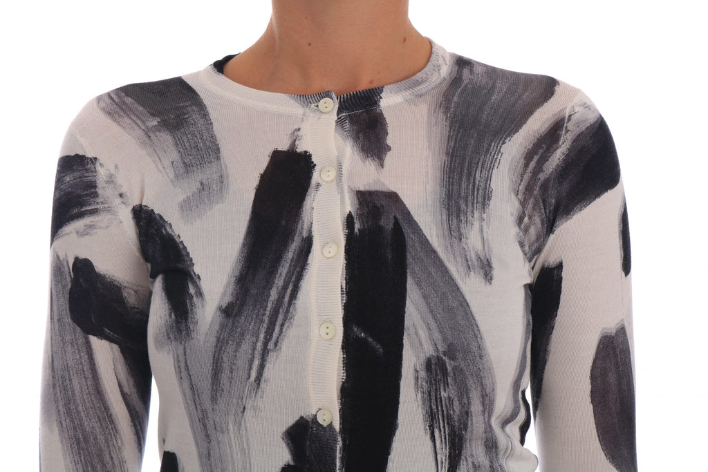 Pull en soie léger Dolce & Gabbana avec motif peinture, cardigan élégant, idéal pour un style sophistiqué et décontracté.