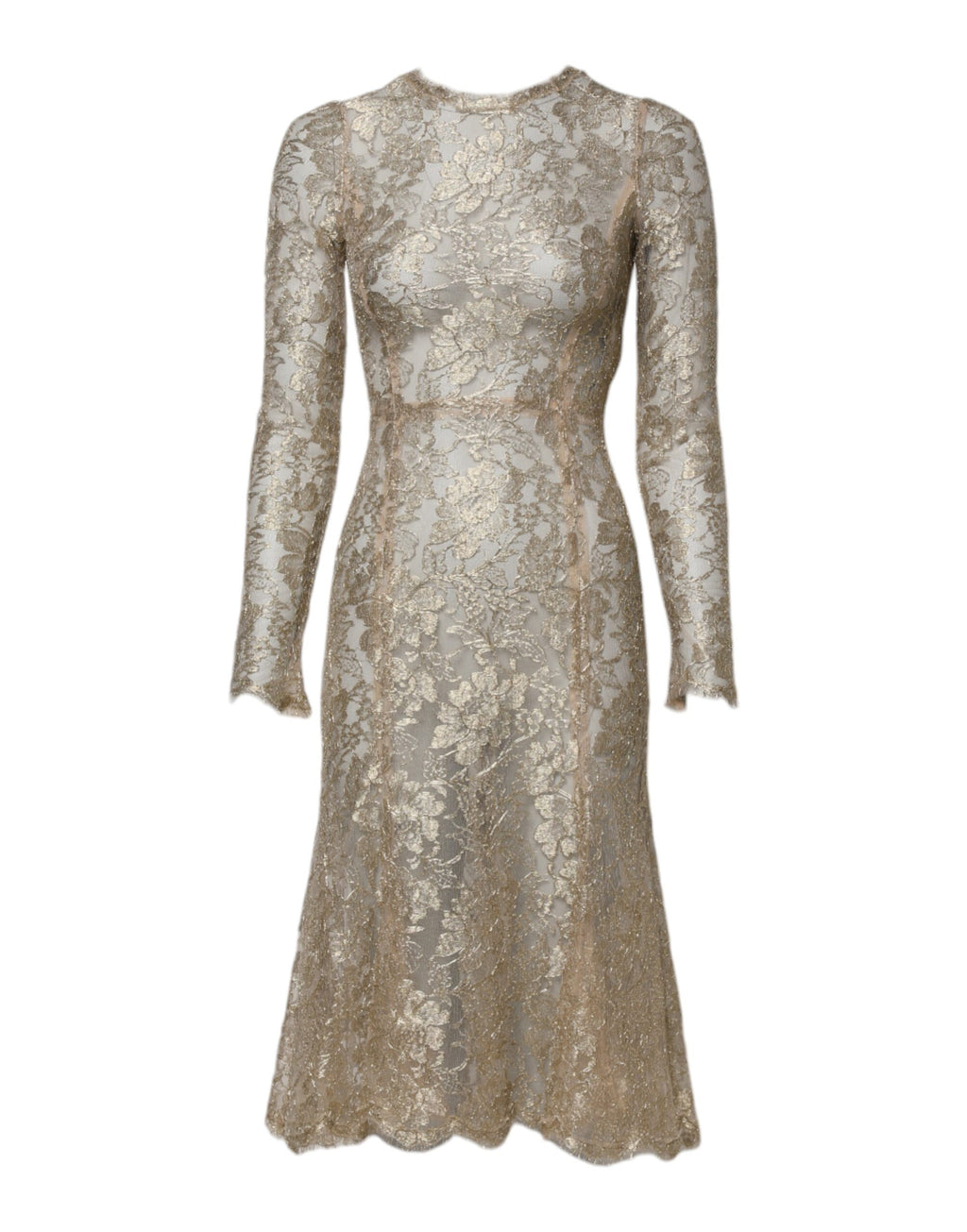 Robe longue Dolce & Gabbana en dentelle dorée à fleurs, à manches longues, coupe ajustée et évasée, élégante et sophistiquée.