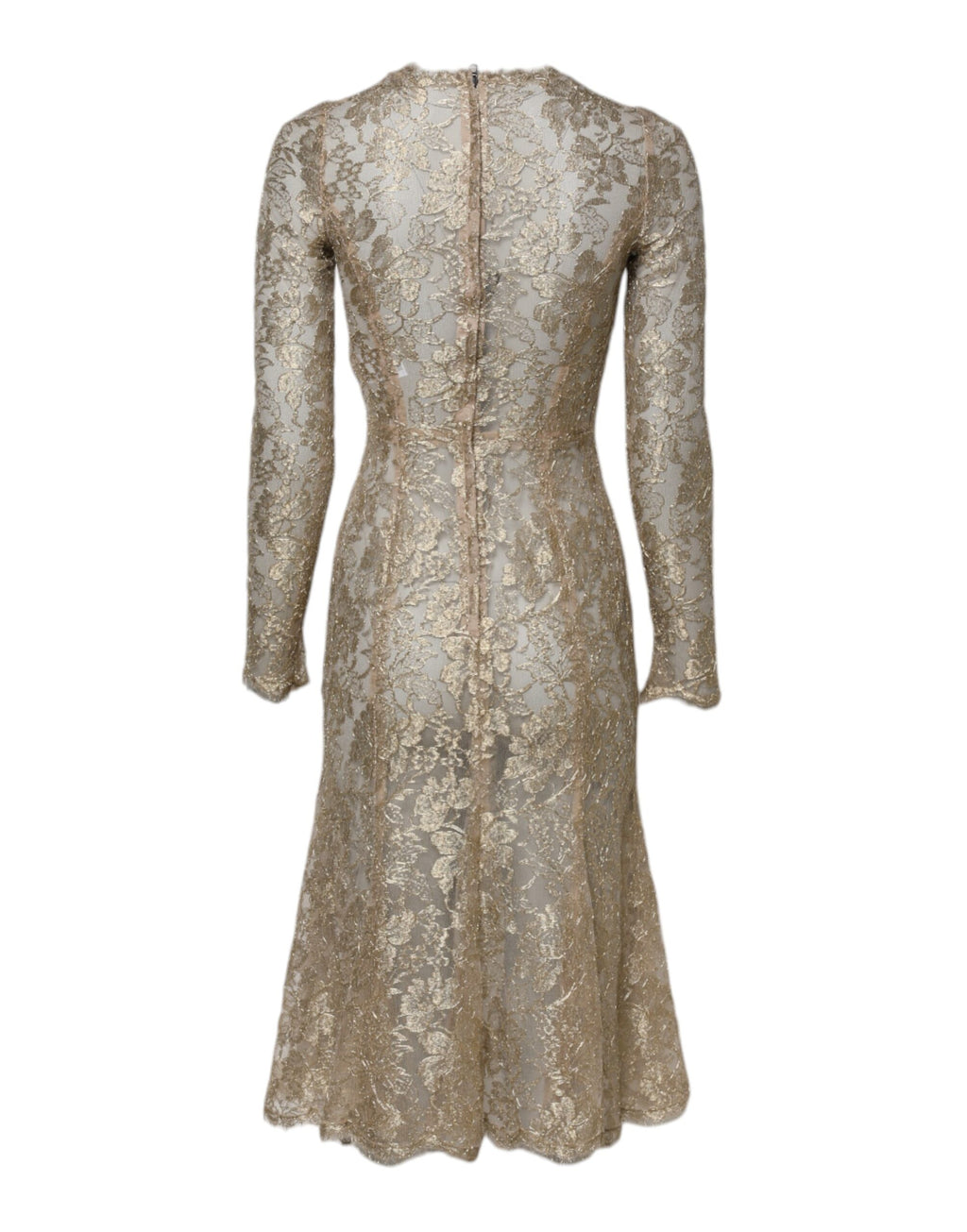 Robe longue Dolce & Gabbana en dentelle dorée à motifs floraux, avec manches longues et coupe évasée.