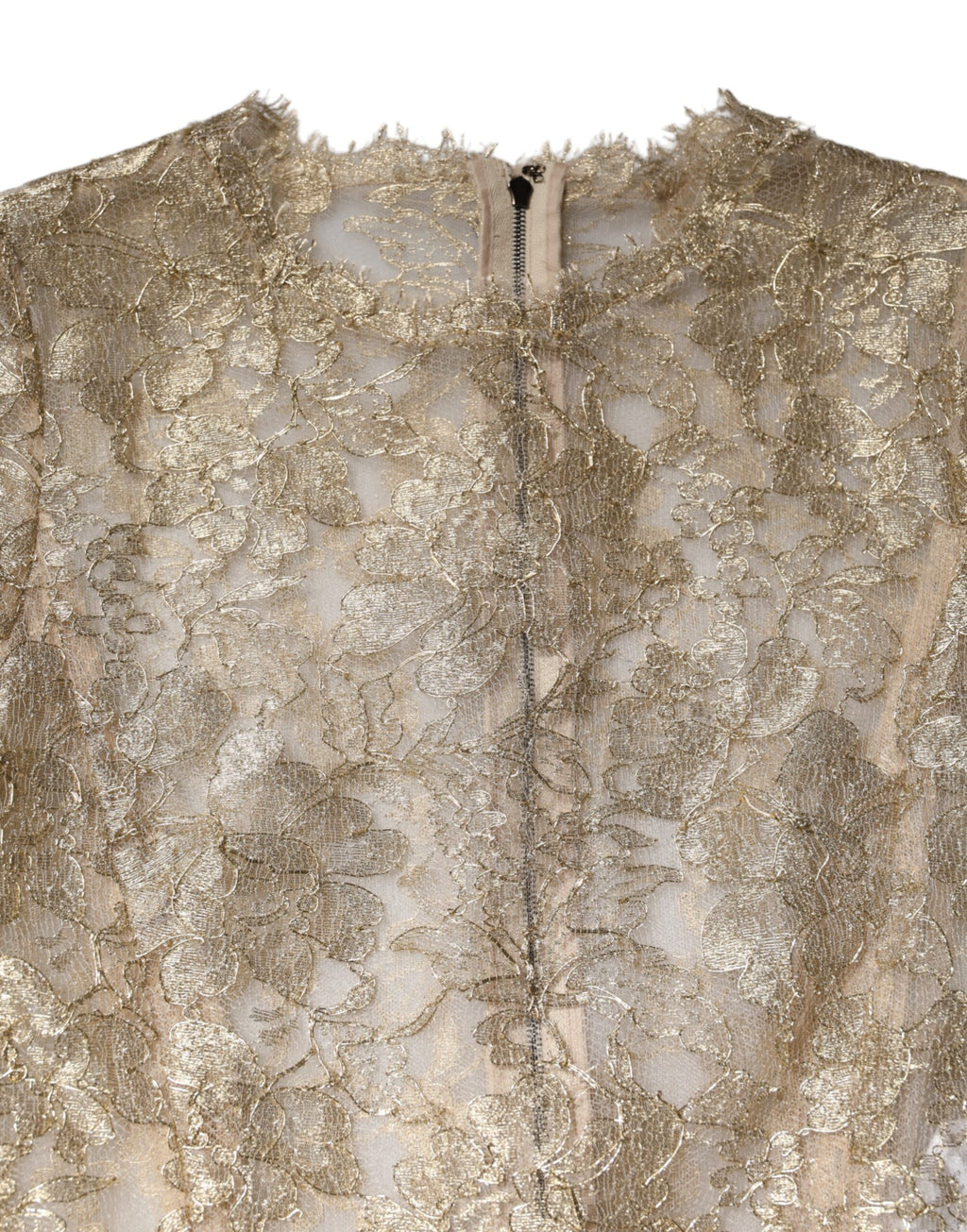 Robe longue Dolce & Gabbana en dentelle florale dorée avec manches longues, coupe évasée et élégante silhouette.