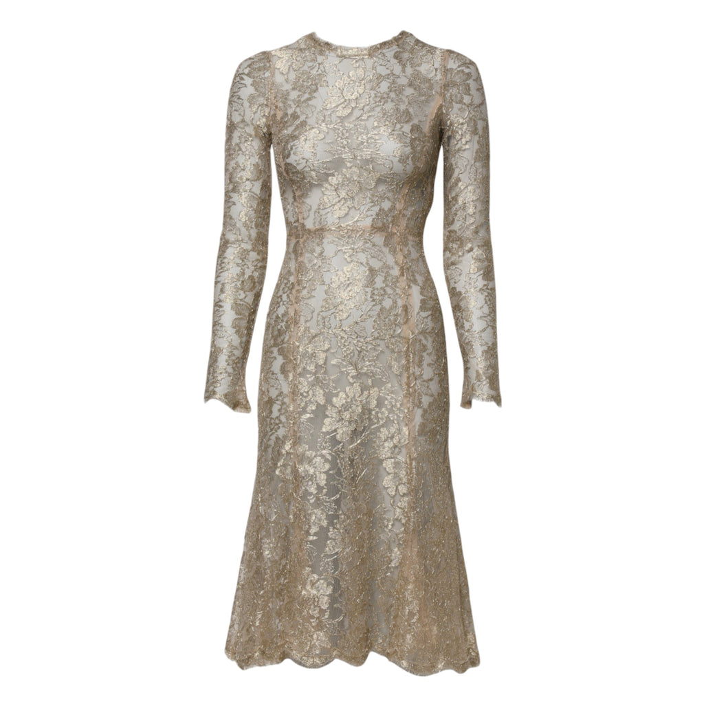 Robe longue Dolce & Gabbana en dentelle florale dorée avec manches longues, coupe ajustée et évasée, élégance raffinée.