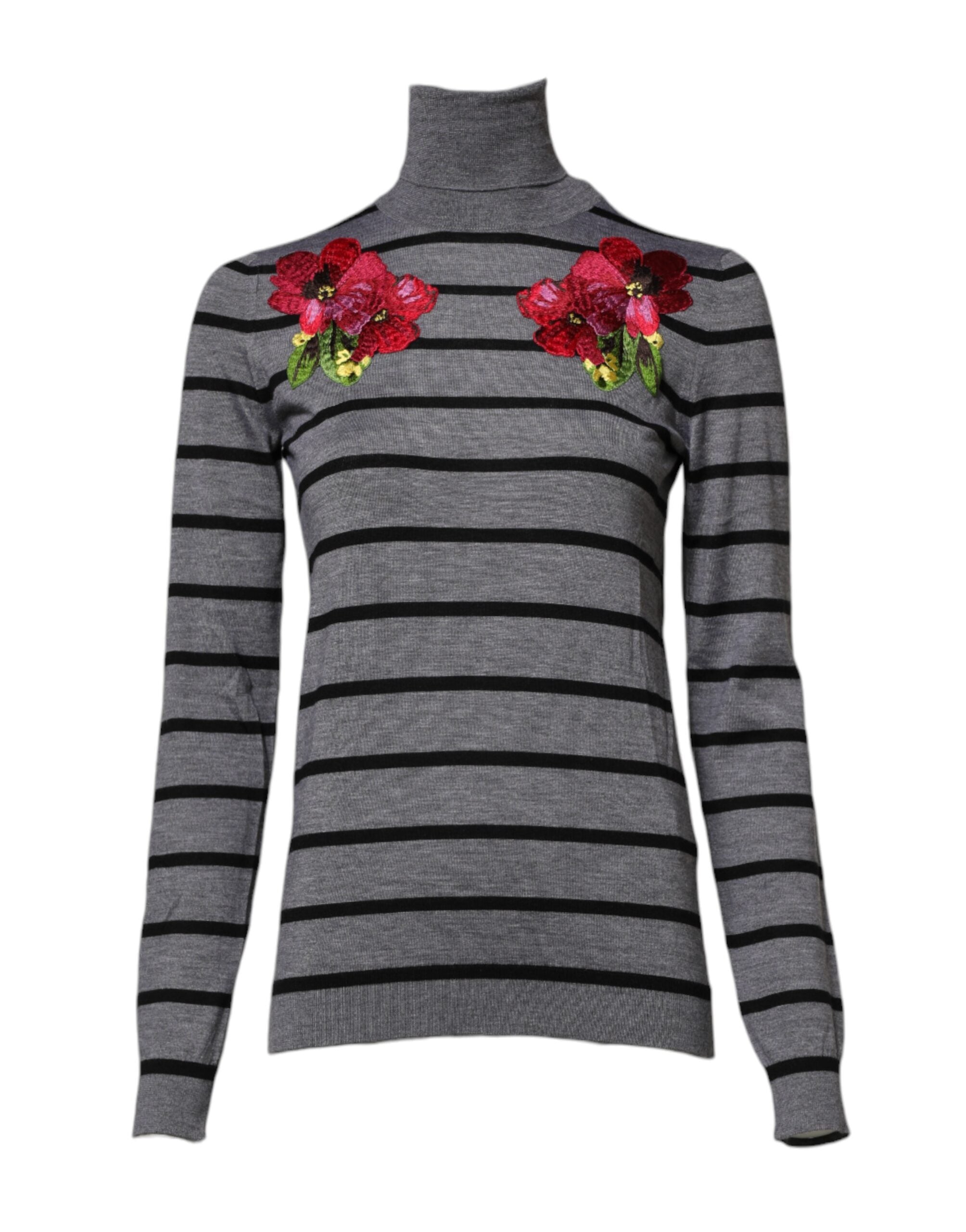 Pull à manches longues Dolce & Gabbana gris avec broderie florale, detail élégant et texture douce visible sur l'image.