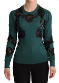 Pull en laine vert Dolce & Gabbana avec col rond, douceur et style sophistiqué visible sur l'image.