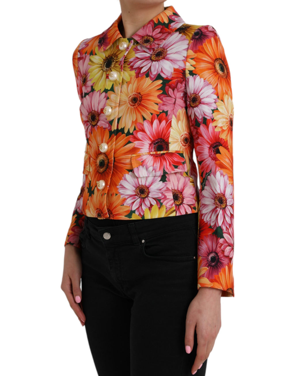Veste Dolce & Gabbana à motif floral multicolore Daisy avec design fantaisie, visible en gros plan sur l'image.