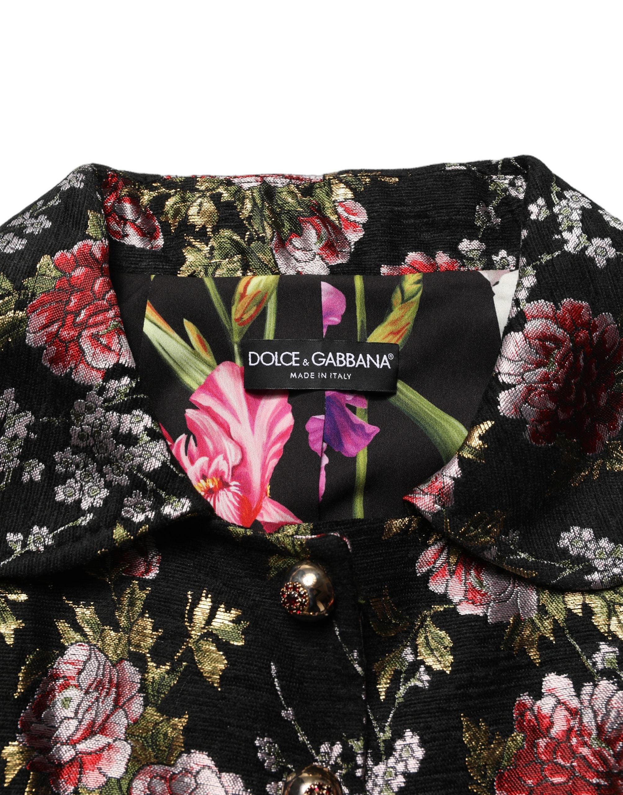Veste blazer Dolce & Gabbana en brocart fleuri multicolore, élégante et sophistiquée, avec motifs floraux colorés.