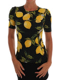 T-shirt en soie stretch multicolore avec citron Dolce & Gabbana, élégant et coloré, porté sur un mannequin blanc.