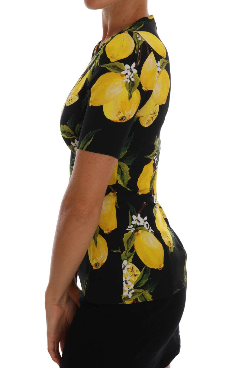 T-shirt en soie stretch multicolore avec citron de Dolce & Gabbana, style élégant et vibrant, motif fruit coloré visible.