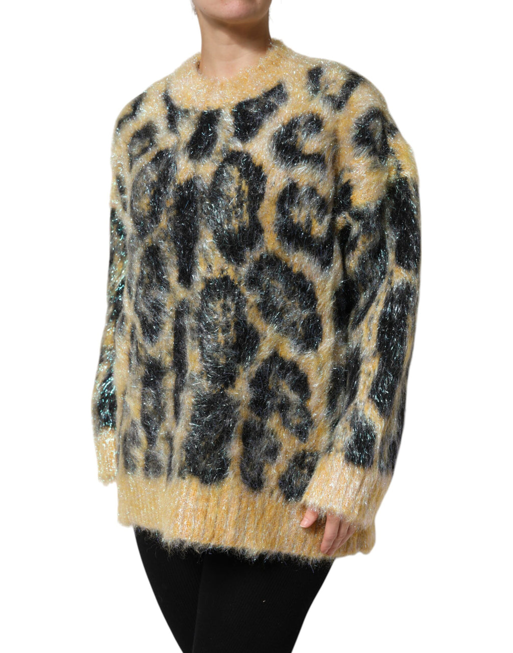 Pull en laine mohair multicolore à col rond de Dolce & Gabbana avec motif léopard, élégant et coloré.