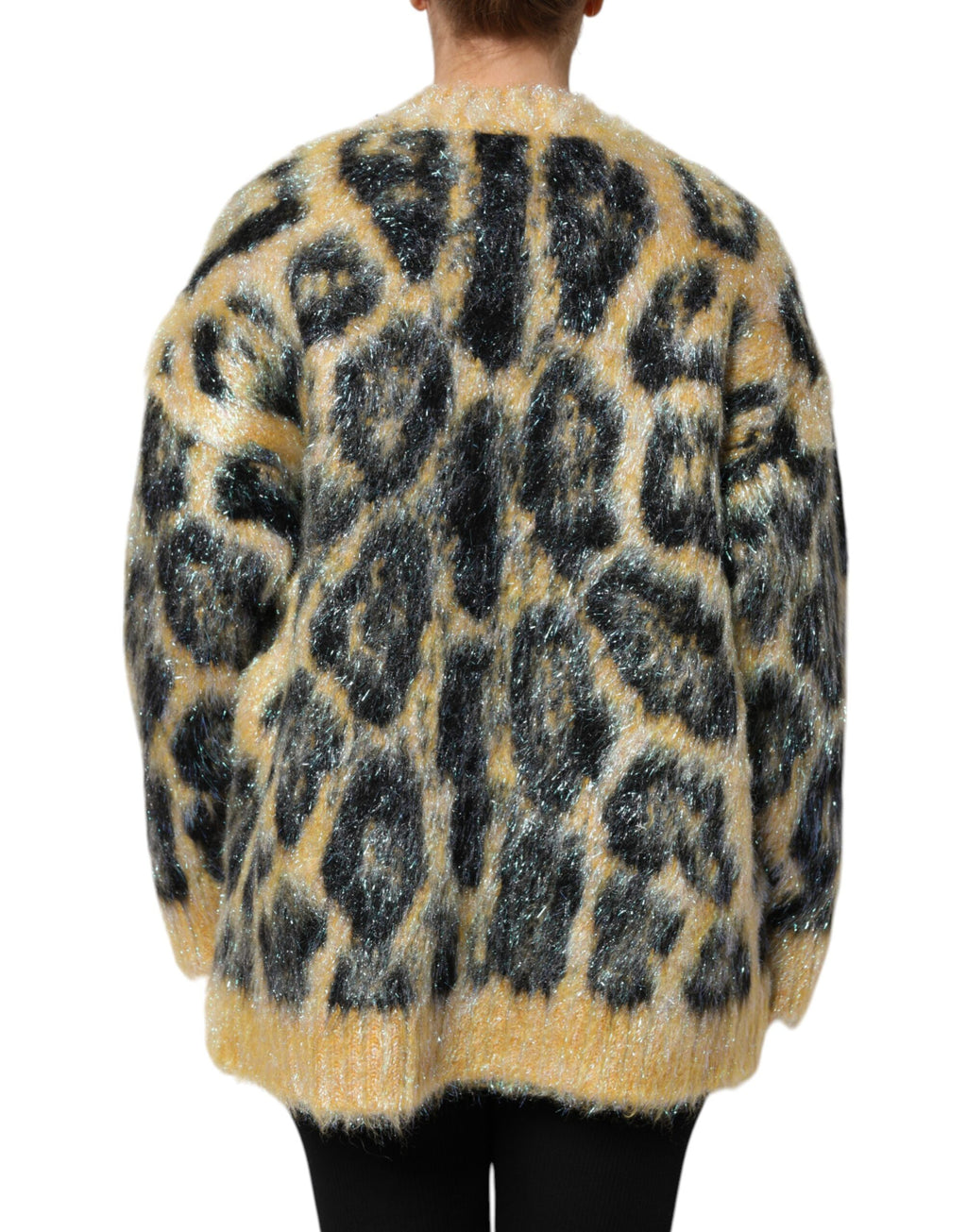 Pull en laine mohair à col rond Dolce & Gabbana avec motif léopard multicolore, style élégant et vibrant.