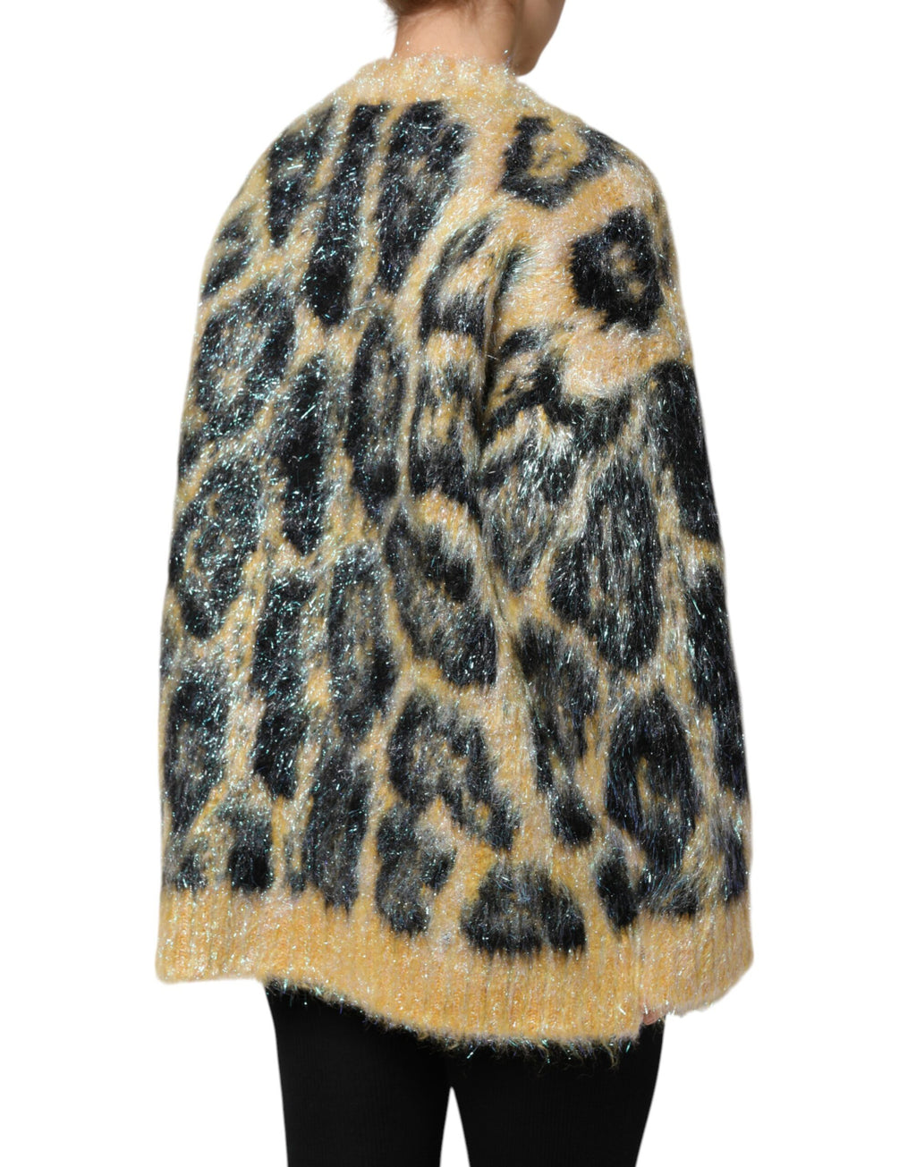 Pull en laine mohair multicolore à col ras du cou de Dolce & Gabbana avec motif léopard.