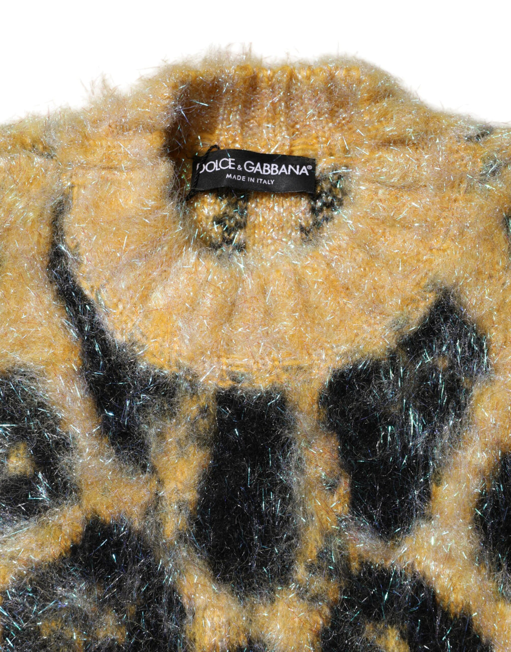 Pull en laine mohair multicolore à col ras du cou Dolce & Gabbana avec motif léopard.