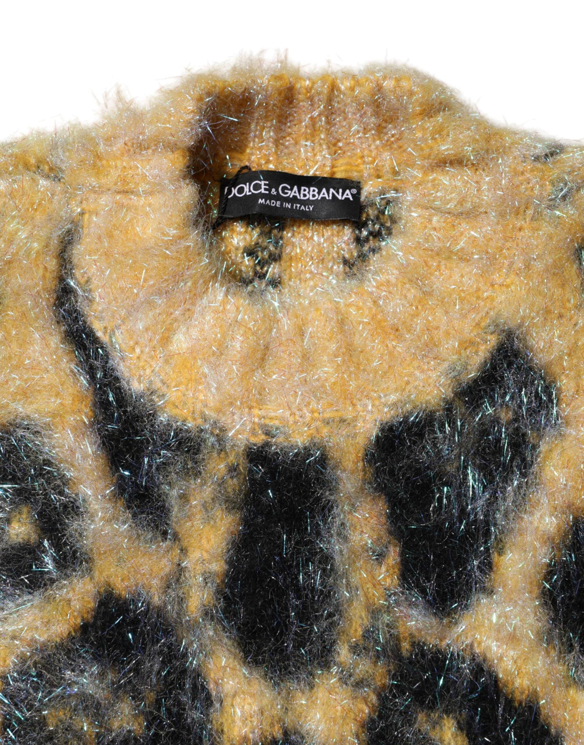 Pull en laine mohair multicolore à col ras du cou Dolce & Gabbana avec motif léopard.