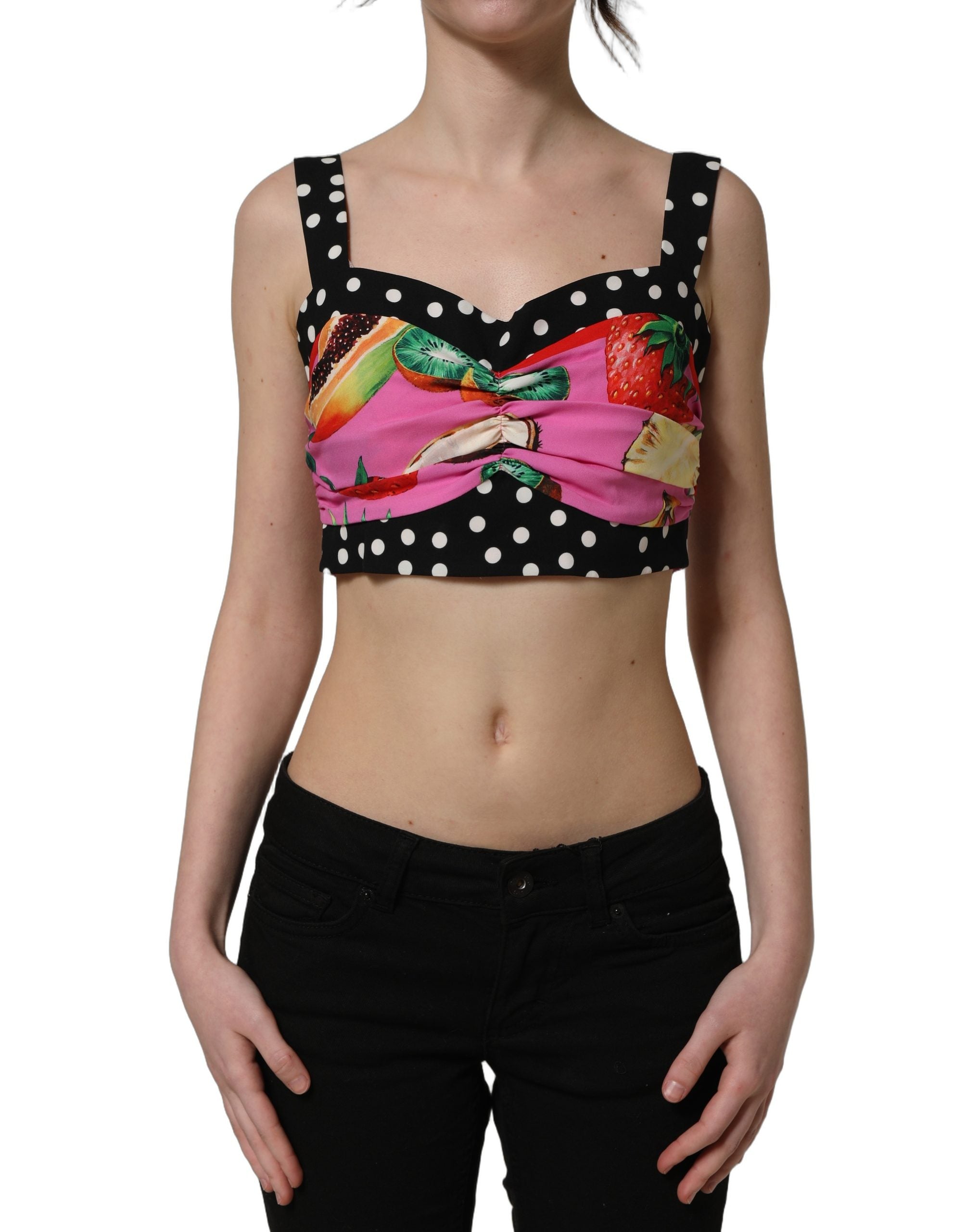 Corset crop top en soie multicolore de Dolce & Gabbana, bustier court avec détails colorés et élégants.