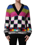 Pull à manches longues Dolce & Gabbana à rayures multicolores et col en V, confortable et élégant.