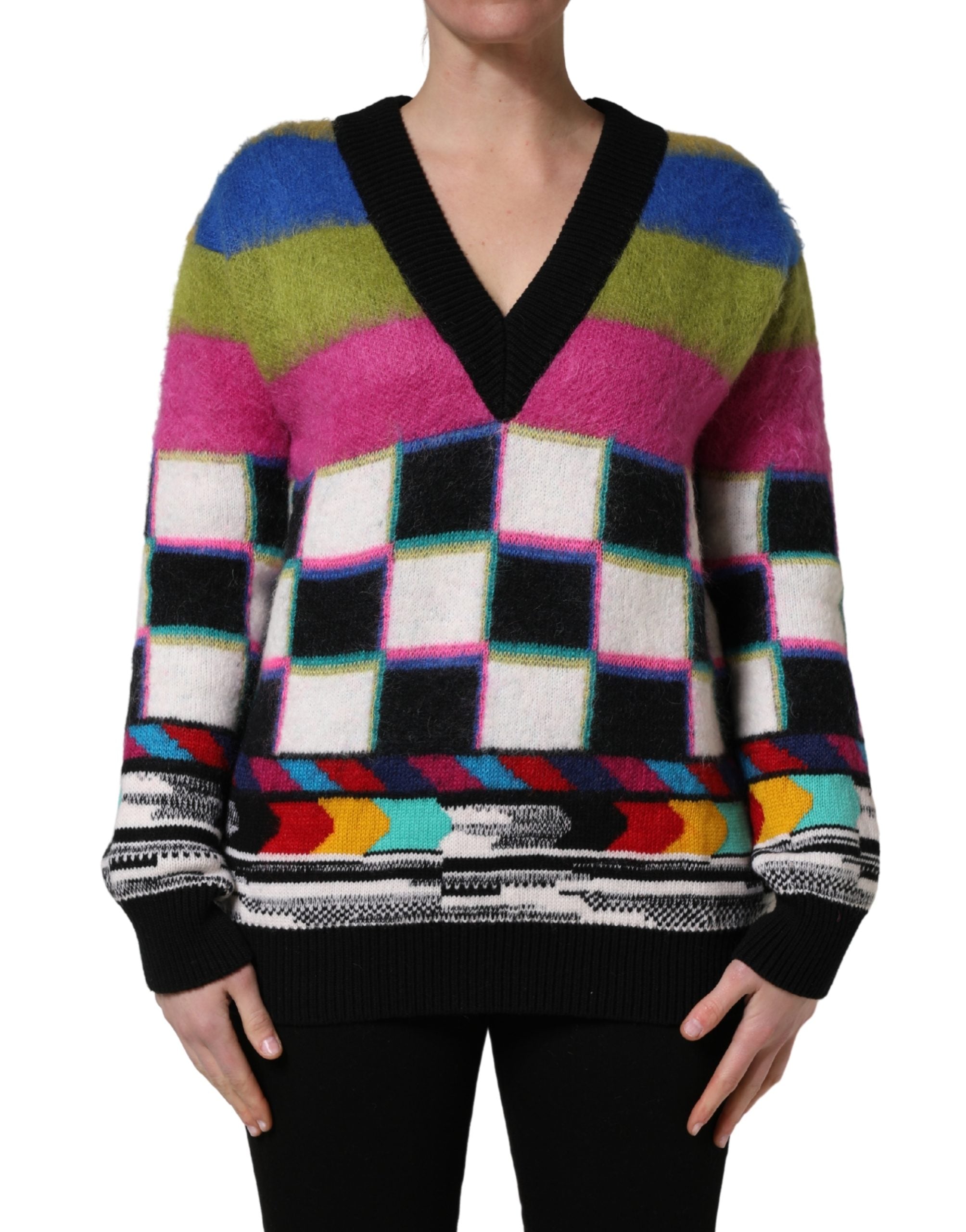 Pull à col en V Dolce & Gabbana à rayures multicolores, pull-over en laine avec motif coloré.