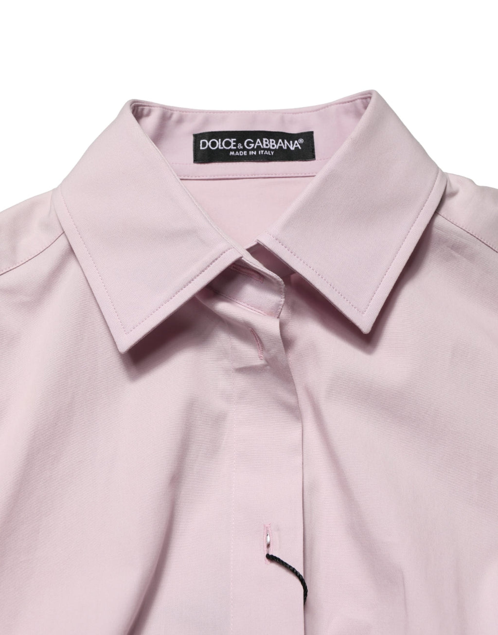 Chemise rose en coton à manches longues et col Dolce & Gabbana, vue de face sur fond blanc.