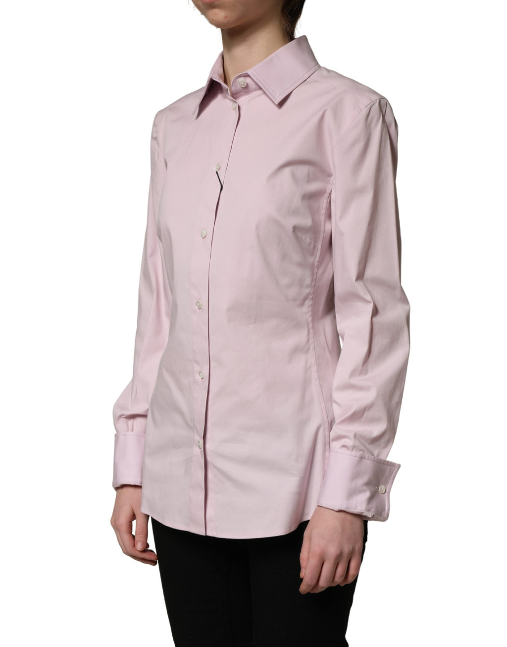 Chemise col montant en coton rose Dolce & Gabbana à manches longues pour femme, vue de face.