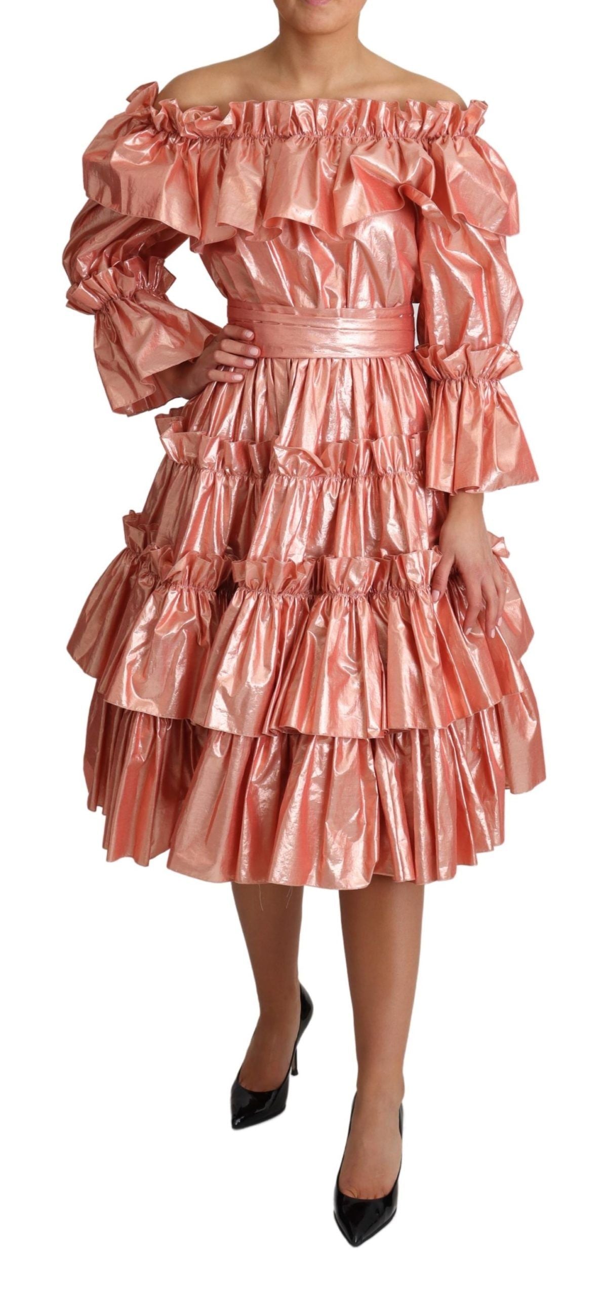 Robe rose en soie et coton Dolce & Gabbana avec volants élégants, robe de soirée fluide et féminine.