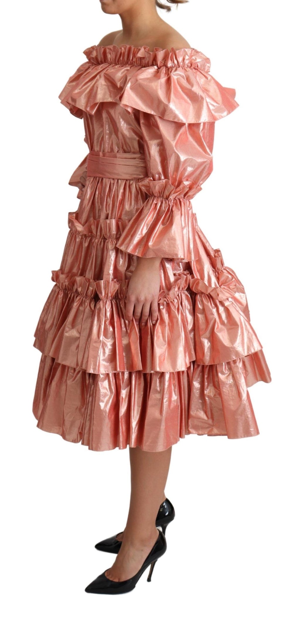 Robe rose en soie et coton de Dolce & Gabbana avec volants, élégante et fluide, pour une silhouette sophistiquée.