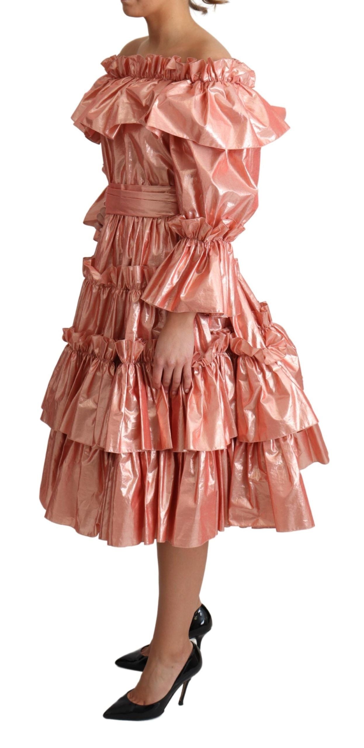Robe rose en soie et coton de Dolce & Gabbana avec volants, élégante et fluide, pour une silhouette sophistiquée.