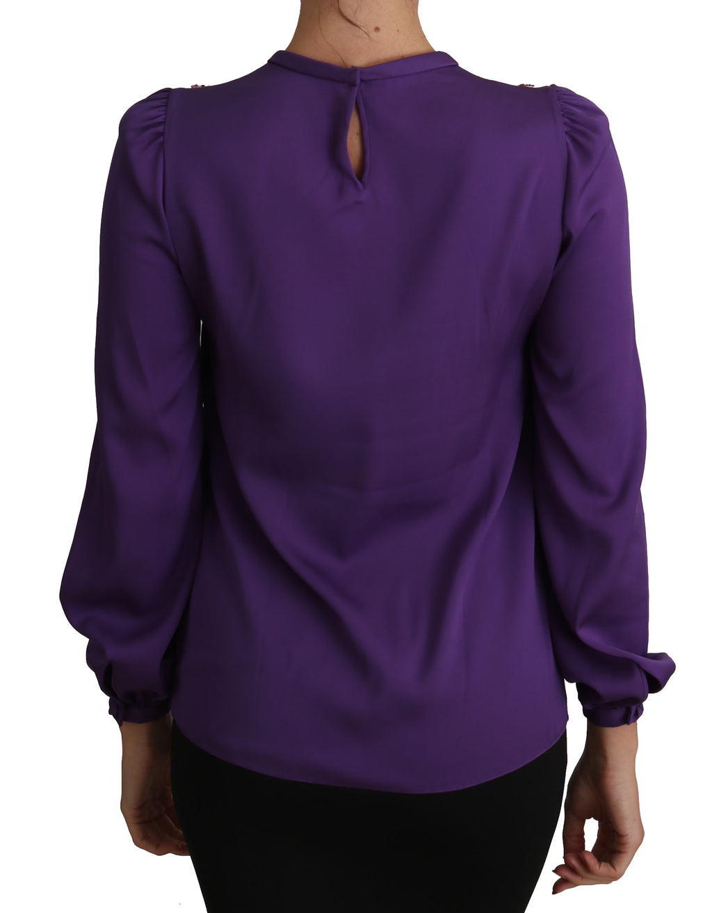 Blouse violette Dolce & Gabbana avec embellissements princesse et conte de fées, style élégant et féminin.
