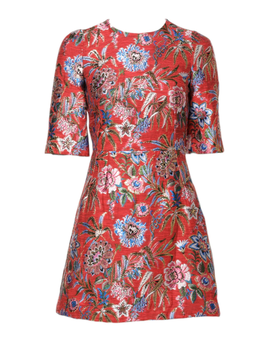 Robe mini en jacquard floral rouge de Dolce & Gabbana, coupe en ligne A, élégante et sophistiquée.