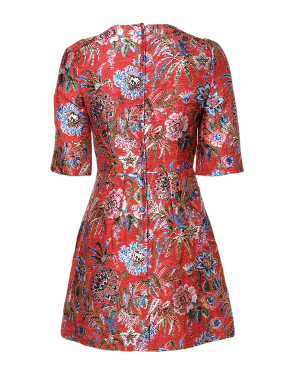 Robe mini en jacquard floral rouge de Dolce & Gabbana, coupe en ligne A, élégante et sophistiquée.