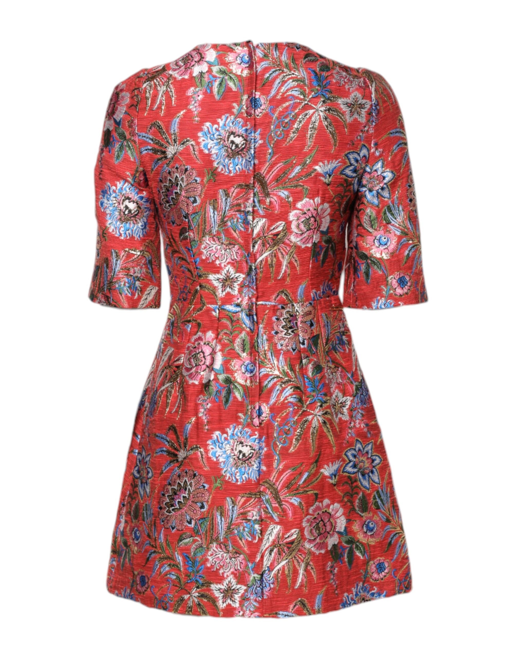 Robe mini en jacquard floral rouge de Dolce & Gabbana, coupe en ligne A, élégante et sophistiquée.