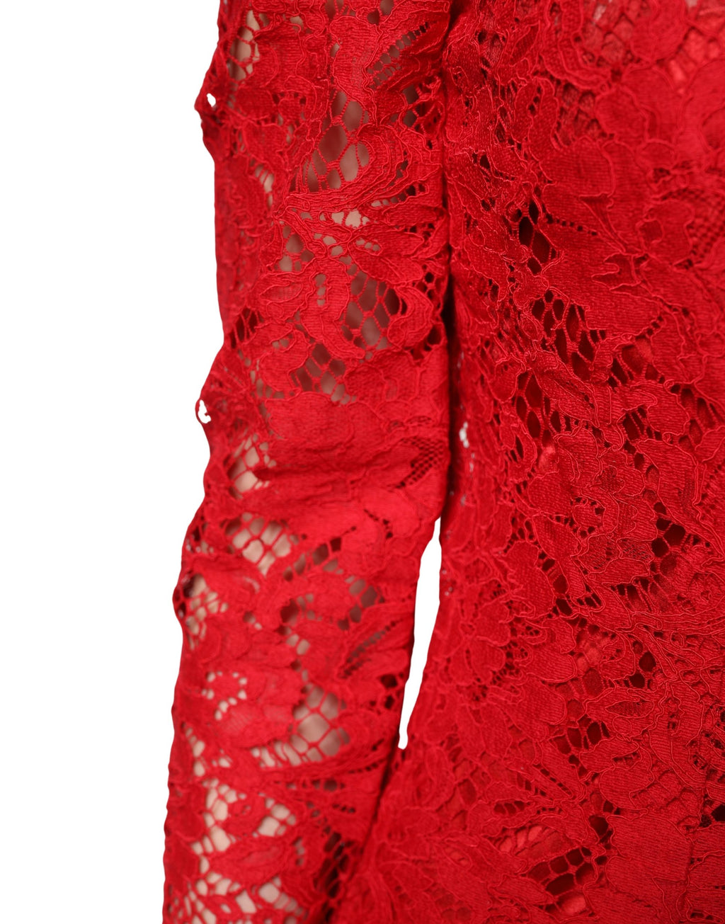Top Dolce & Gabbana en dentelle rouge avec broderie florale à manches longues, élégant et féminin.