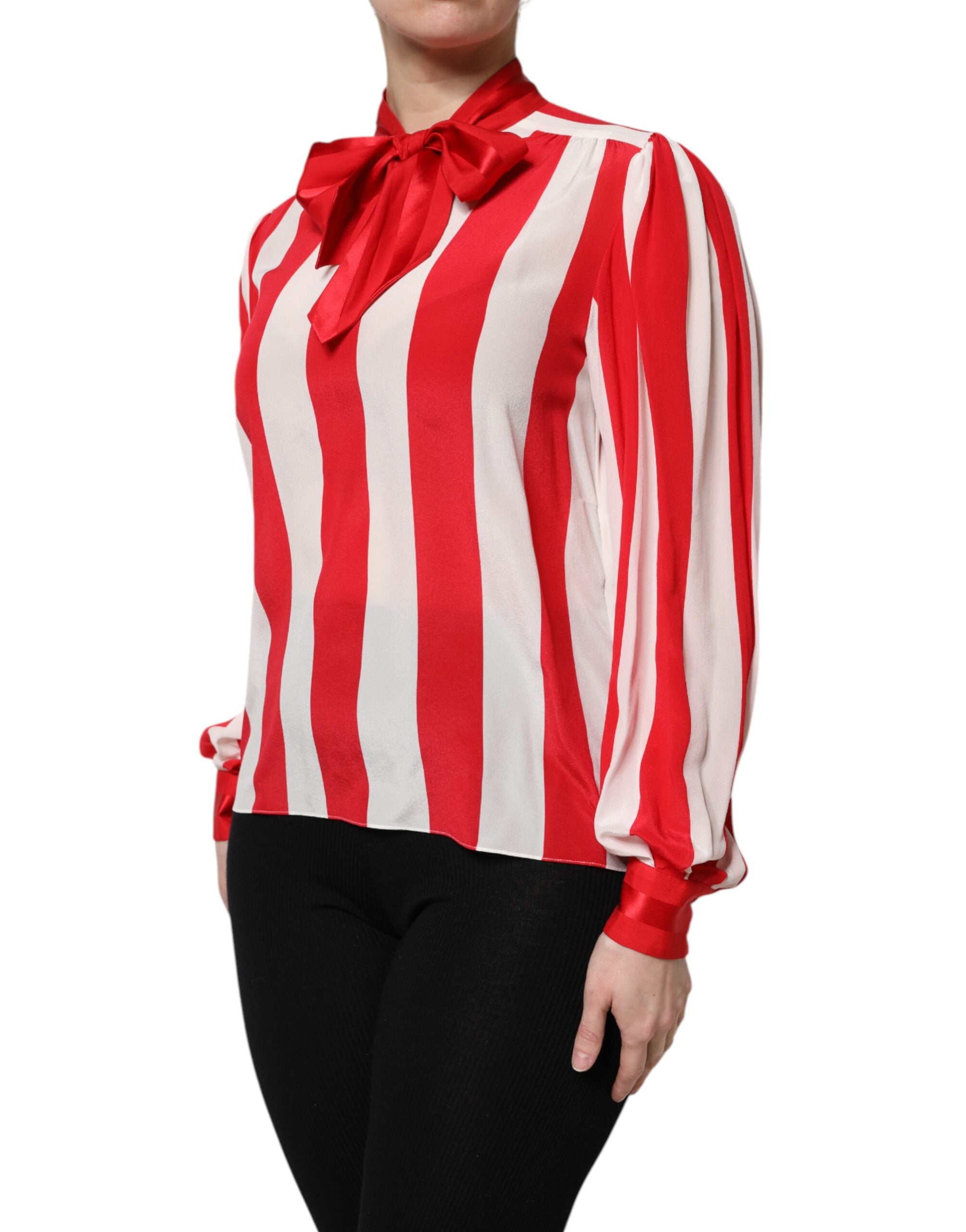 Blouse Dolce & Gabbana à rayures rouges et blanches avec col ascot, style élégant et tendance, vue de face.