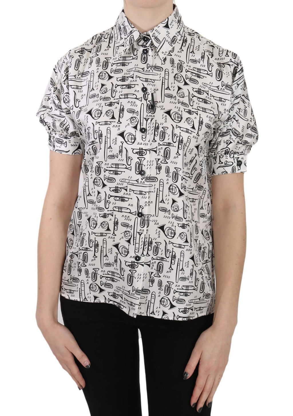 Blouse en soie Dolce & Gabbana à imprimé Trumpet, avec bouton devant et coupe élégante.
