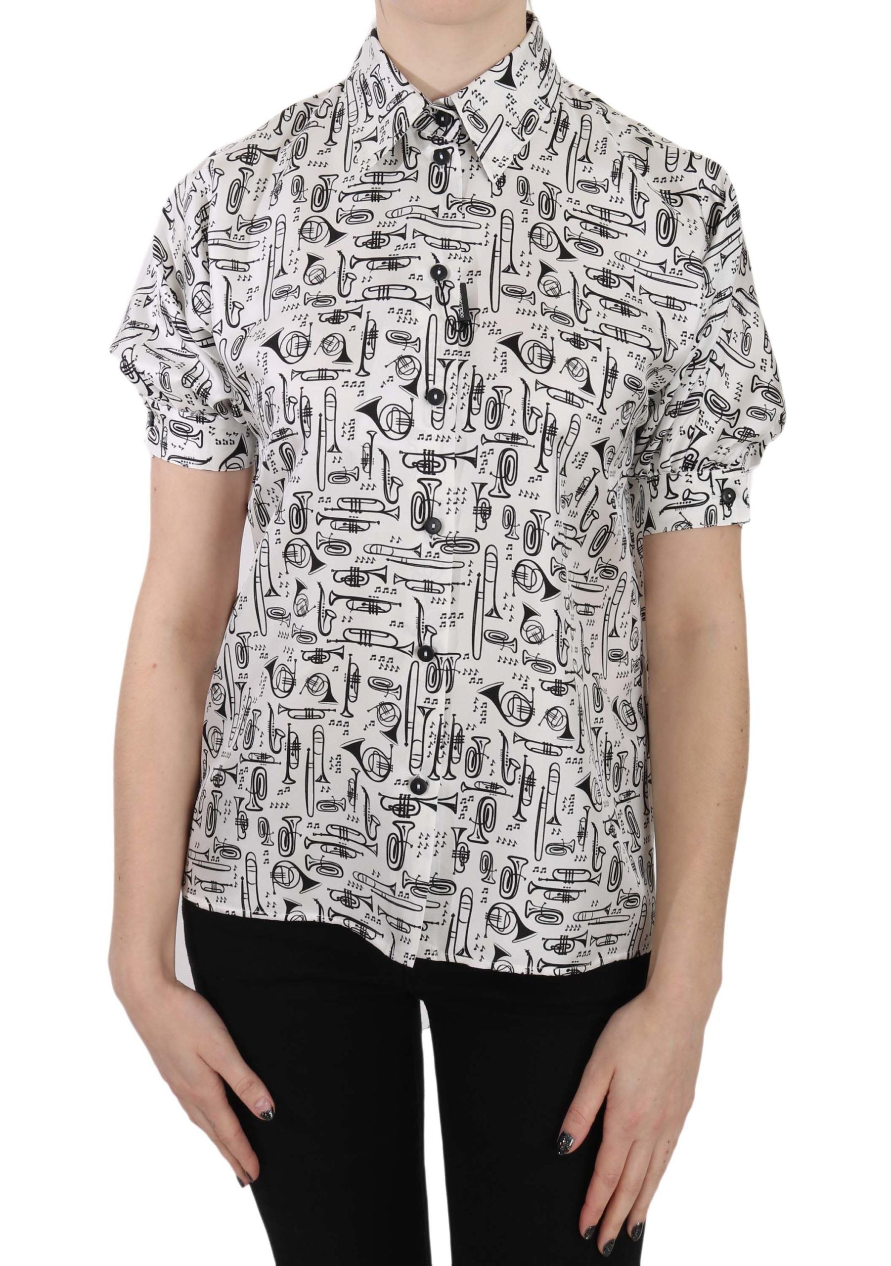 Blouse en soie Dolce & Gabbana à imprimé Trumpet, avec bouton devant et coupe élégante.