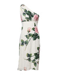 Robe midi blanche à fleurs Dolce & Gabbana, robe moulante à une épaule, élégante et féminine, pour occasions spéciales.