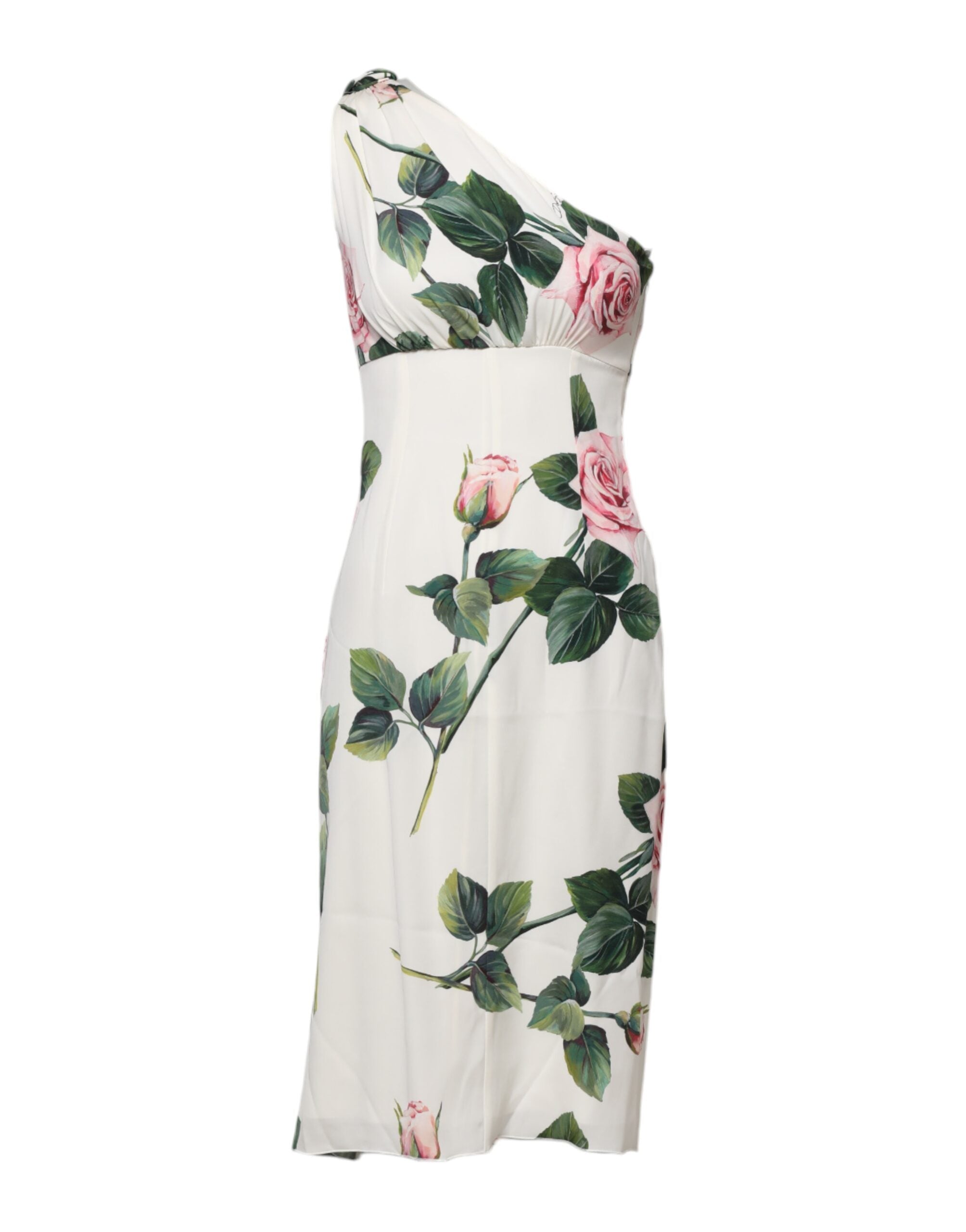 Robe midi blanche à fleurs Dolce & Gabbana, robe moulante à une épaule, élégante et féminine, pour occasions spéciales.