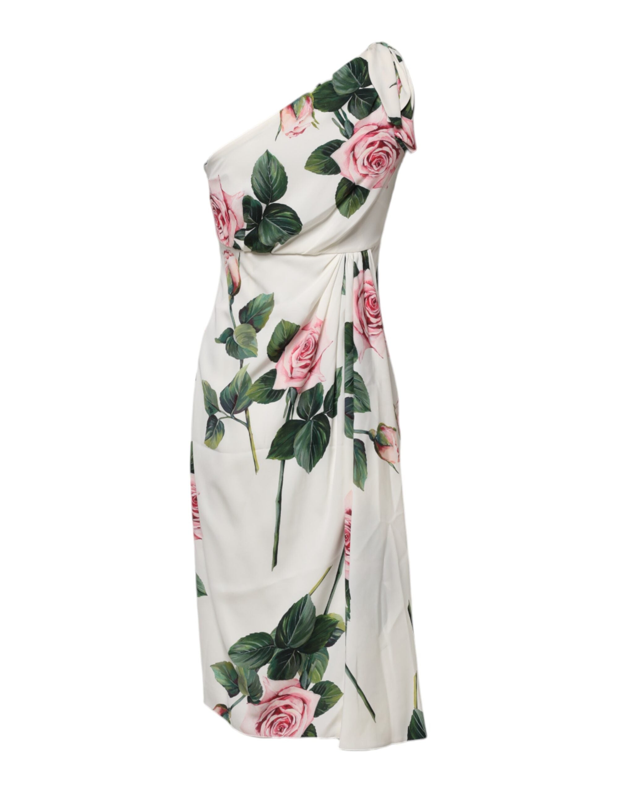 Robe mi-longue blanche à fleurs Dolce & Gabbana, robe ajustée à une épaule, style élégant et féminin.