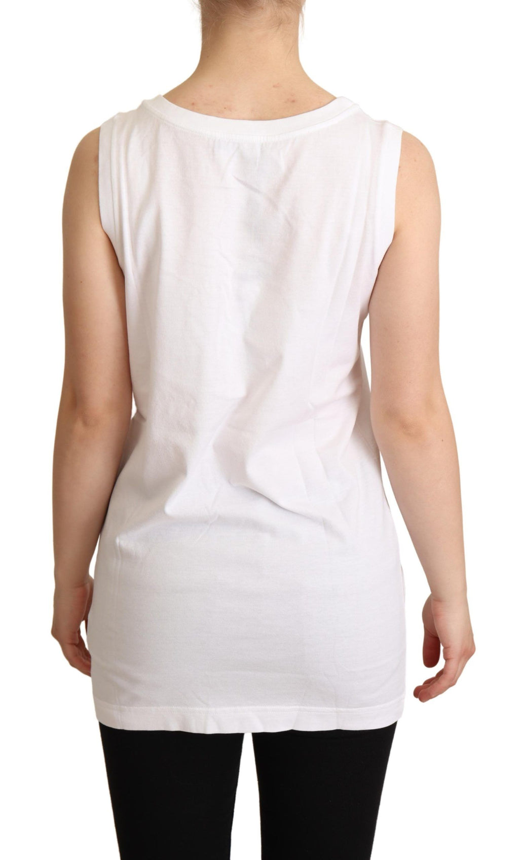 Débardeur blanc Dolce & Gabbana La Moda en cristal, T-shirt élégant avec détails scintillants, vue de face.