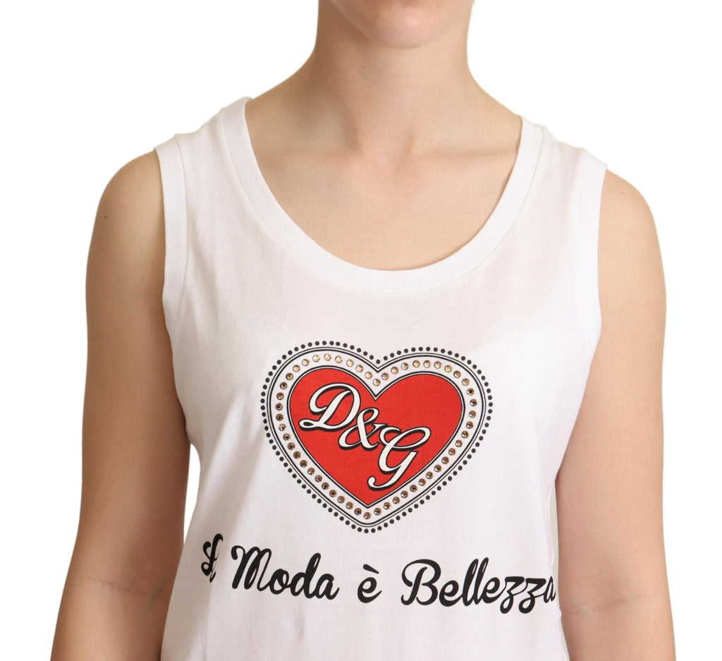 T-shirt blanc Dolce & Gabbana La Moda Crystal Tank Top avec détails en cristaux, vue de face.